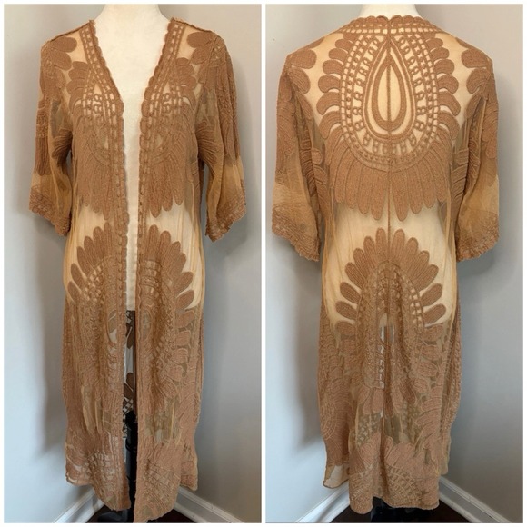 Rebellion Tops - Rebellion Again Brown Tan Lace Duster Mesh Embroidered Paisley Beach Boho Small